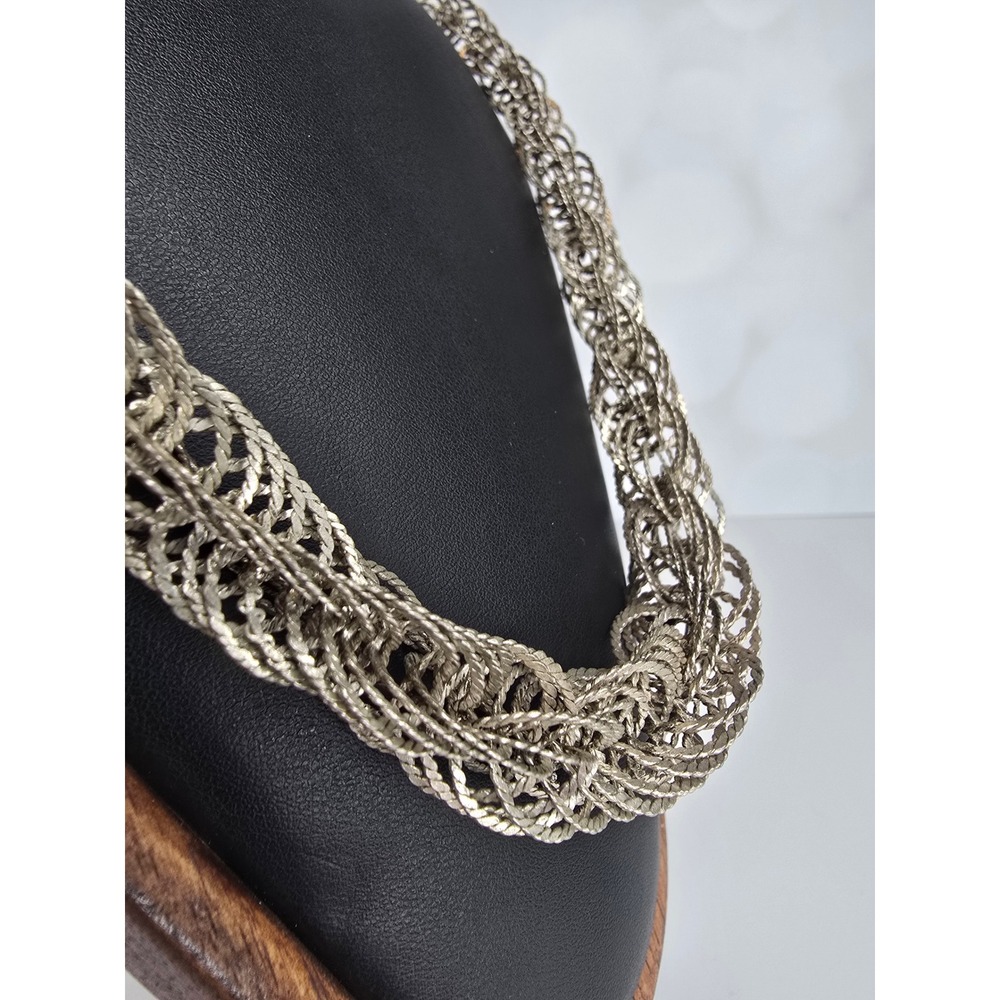 Vintage Silver Tone Multi Strand Woven Mesh Bib Statement Necklace Hook Clasp - Picture 3 of 6